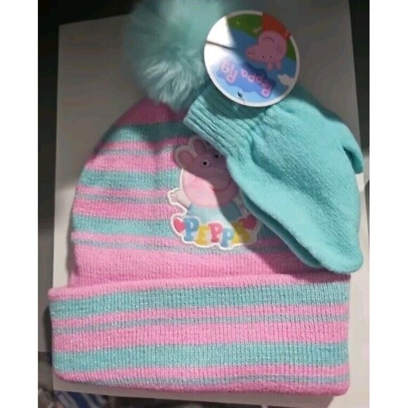 Peppa Pig Beanie Hat and Mittens Set - Pink & Teal Stripes with Pom Pom Toddler - Picture 6 of 10